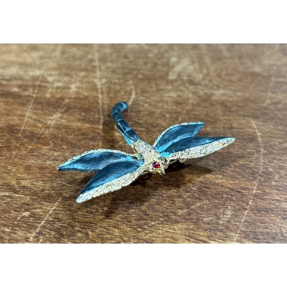 Blue & Gold Dragonfly Brooch Pin With Rhinestone Accents